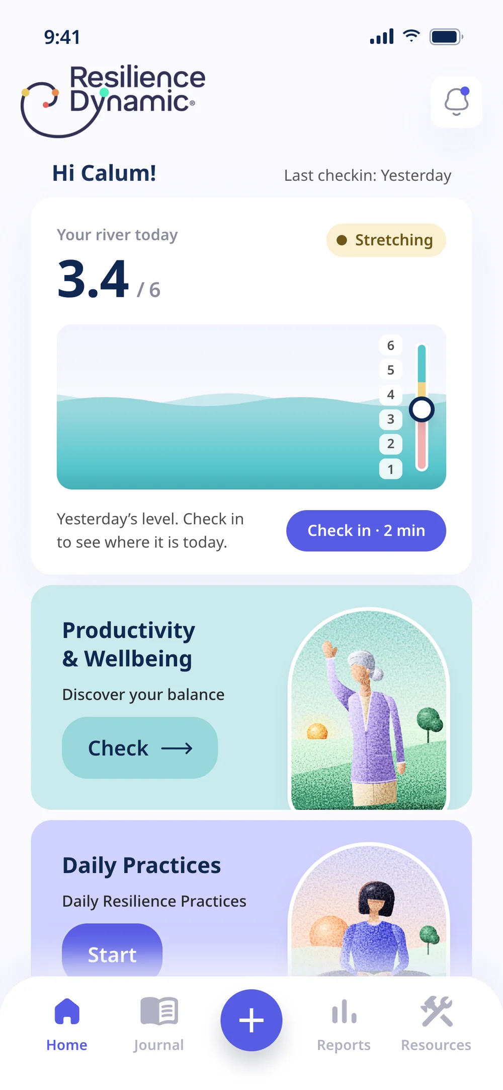 Home in the prototype: the river card at level 3.4 of 6 in the Stretching zone, with the Productivity & Wellbeing and Daily Practices cards below, each with an arched landscape