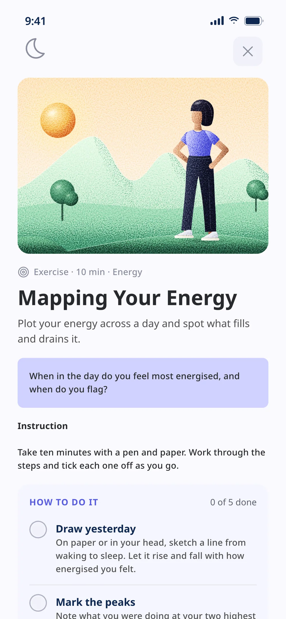Mapping Your Energy: a woman with hands on hips facing a ridge of peaks, and the steps to draw the day’s energy