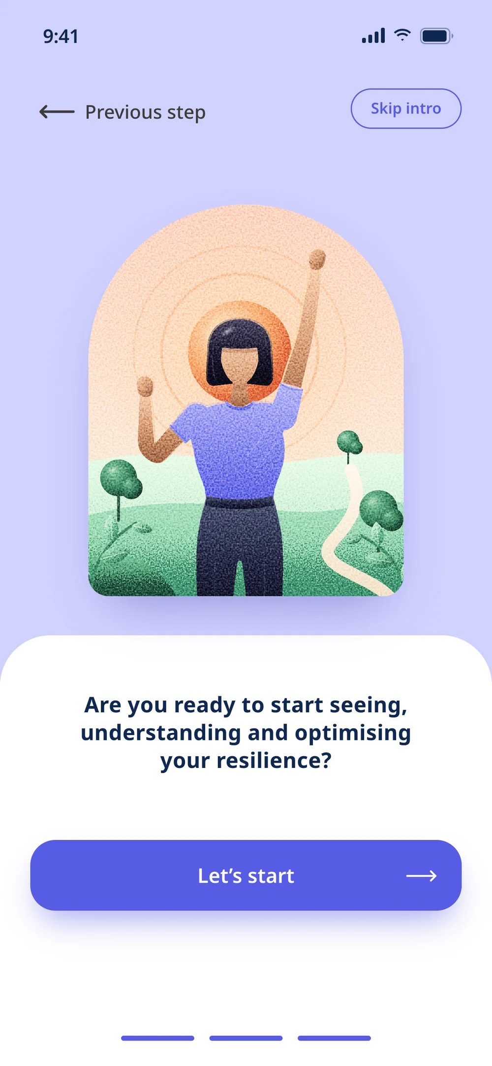 Are you ready?: a woman with a bob raising a fist before the sun, and the Let’s start button