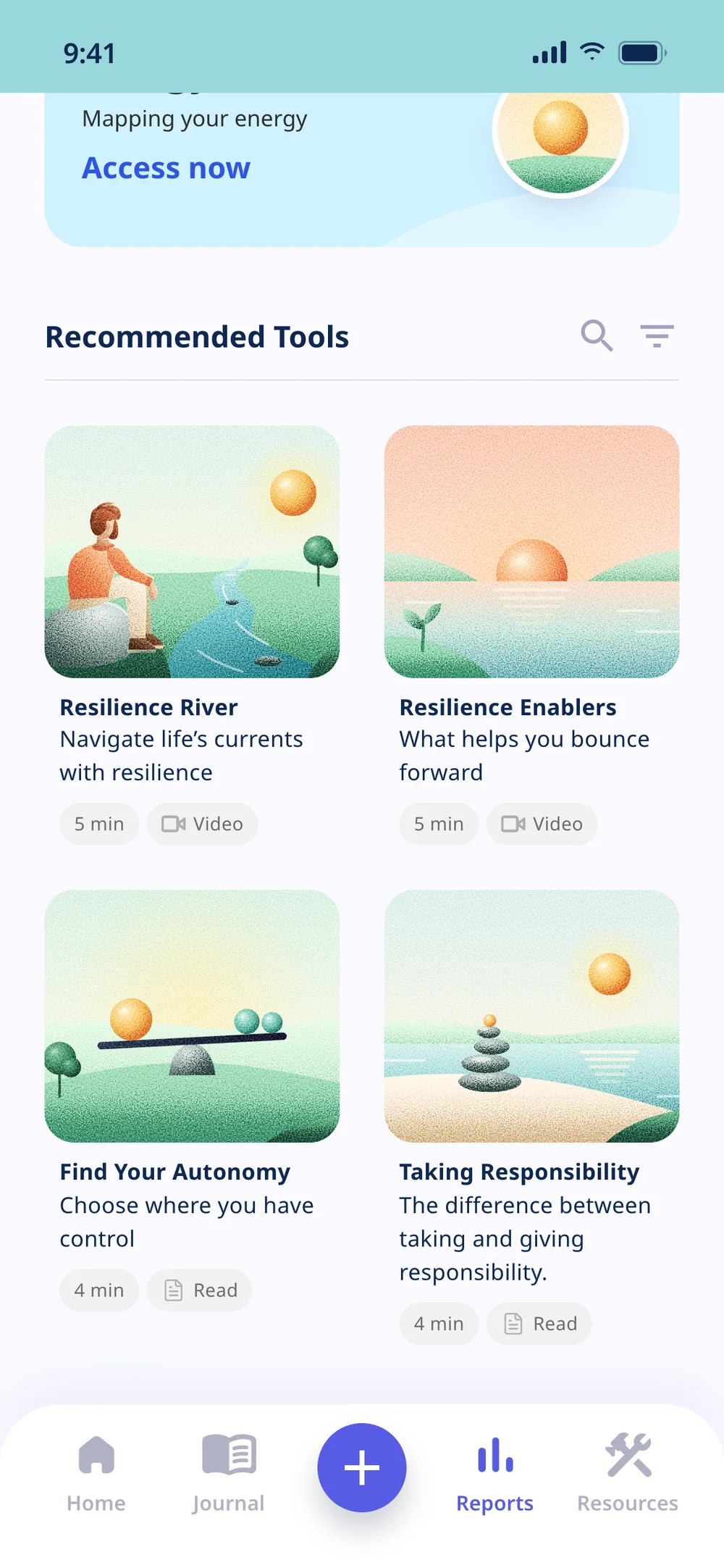 Score Overview scrolled to Recommended Tools: Resilience River, Resilience Enablers, Find Your Autonomy and Taking Responsibility, each with its own scene