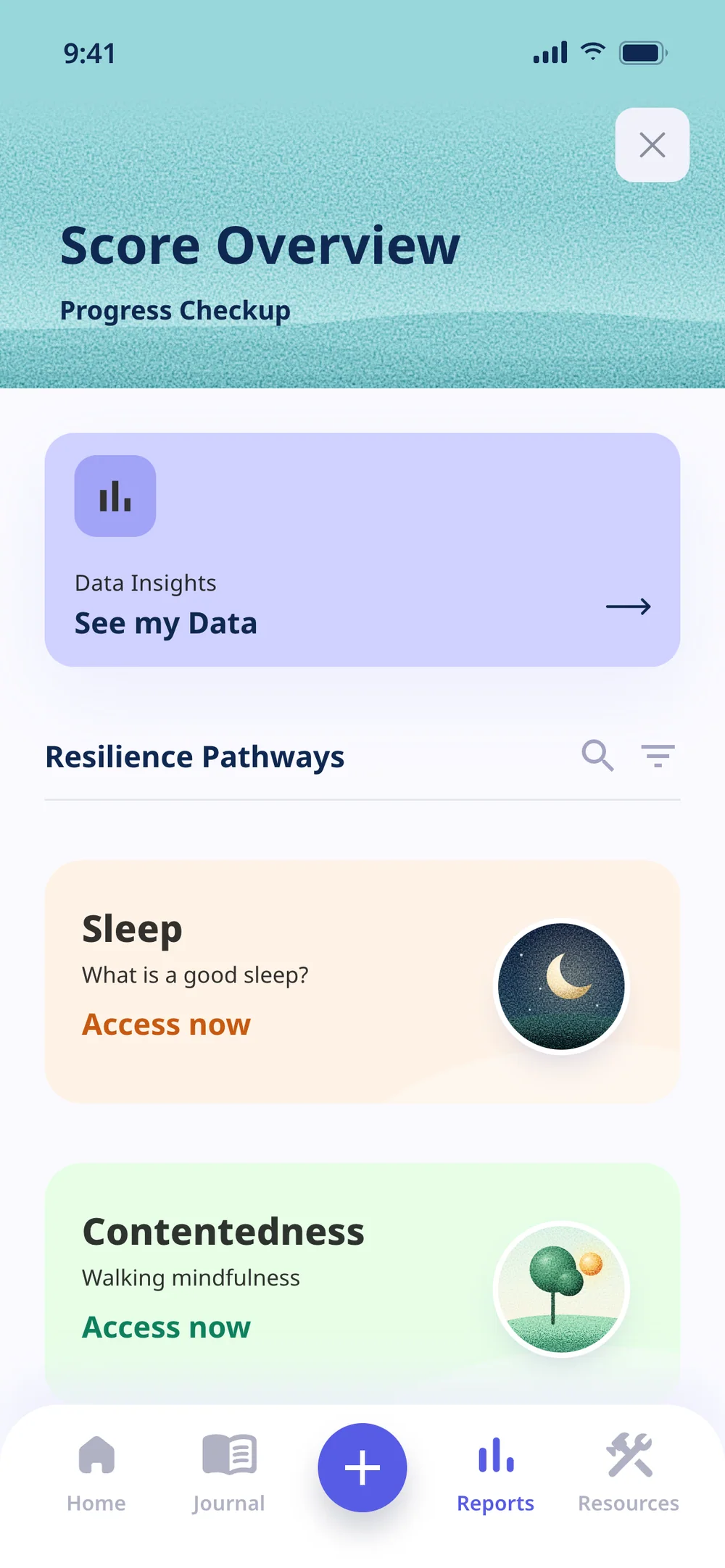 Score Overview: a textured teal header, a See my Data shortcut and the Sleep and Contentedness Resilience Pathways