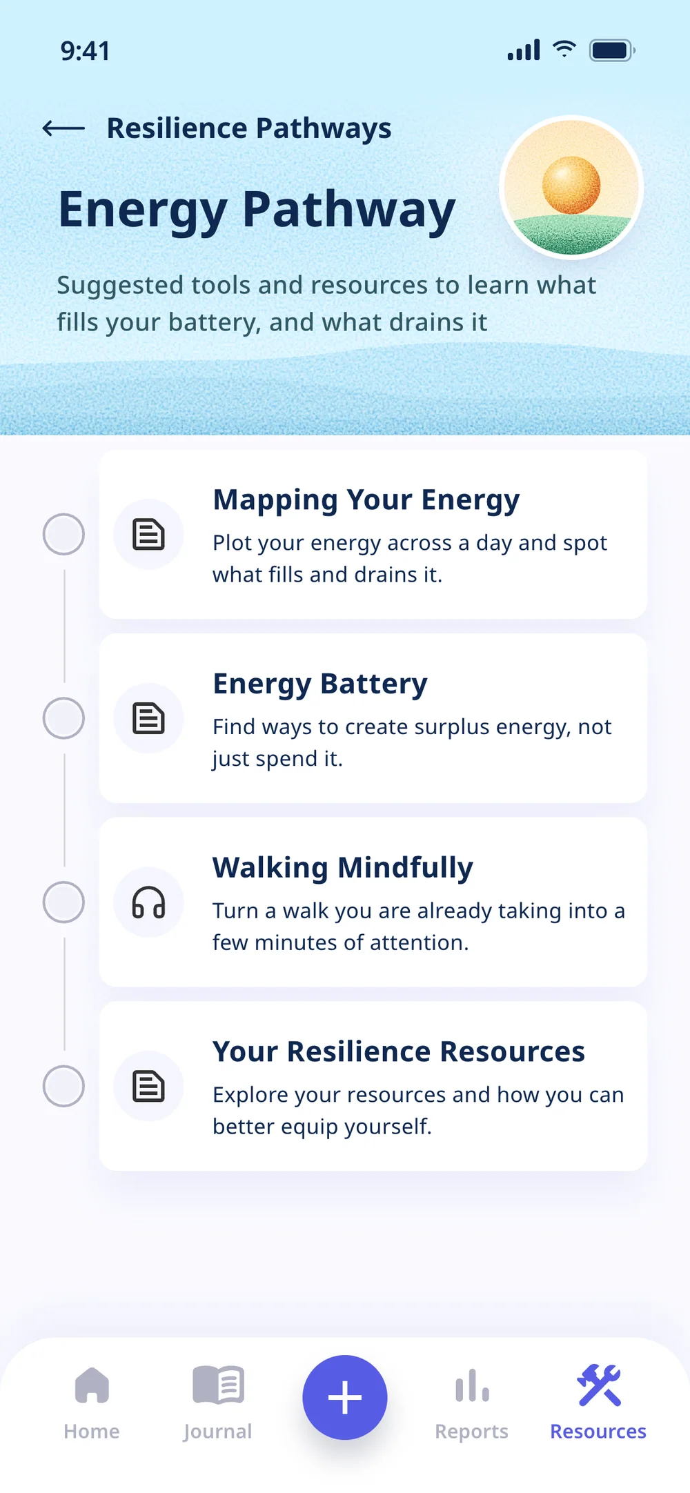Energy Pathway: a sky-blue header with hills and grain and the Mapping Your Energy, Energy Battery and Walking Mindfully steps