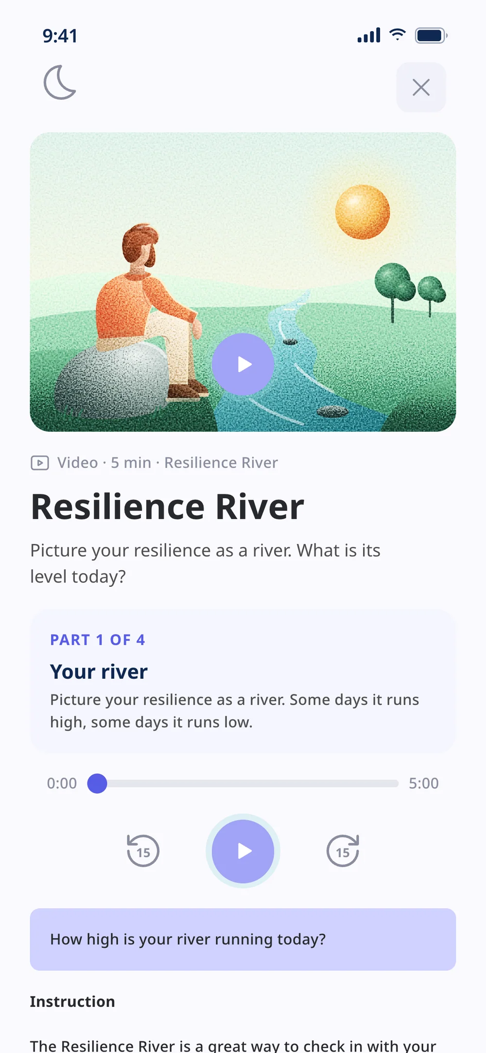 Resilience River: a man sitting on a rock by the river, a video player and the question How high is your river running today?