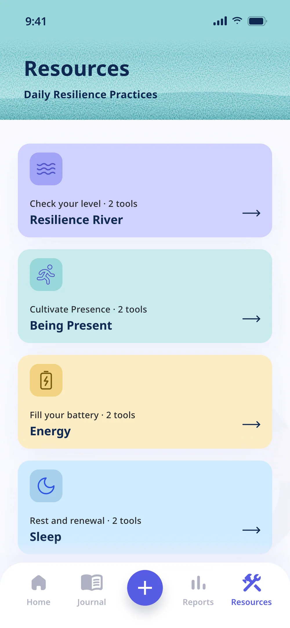 Resources: the Resilience River, Being Present, Energy and Sleep collections