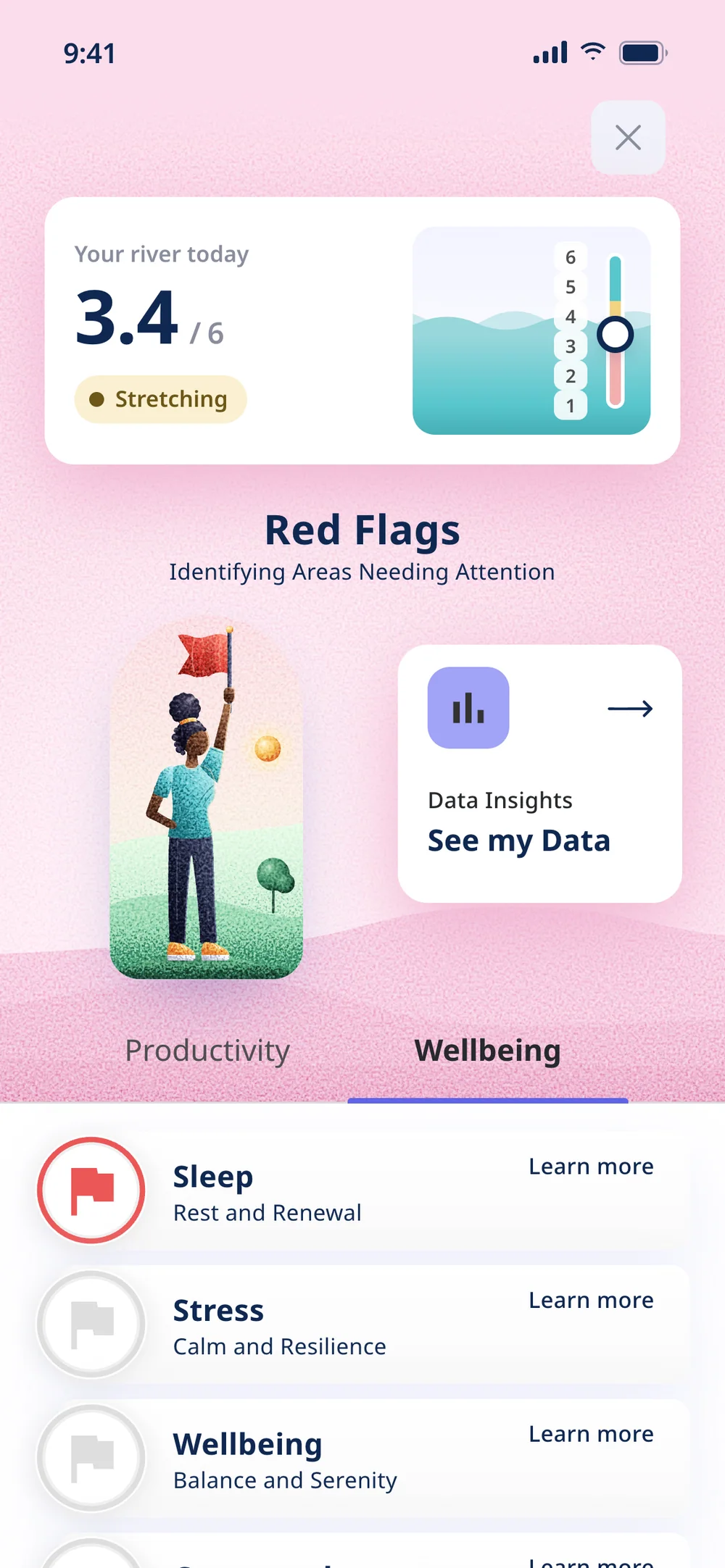 Red Flags on the Wellbeing tab: Sleep with a red flag, Stress and Wellbeing