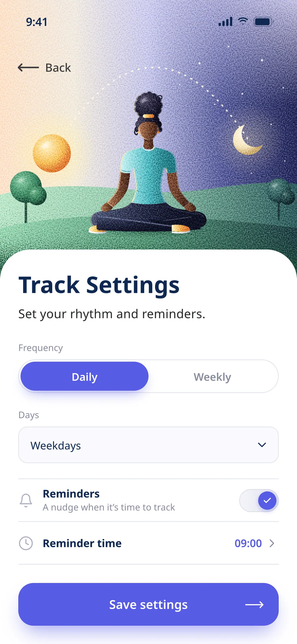 Track Settings: a woman meditating between day and night, across the whole panel; Daily or Weekly frequency, days, a reminders switch and the reminder time