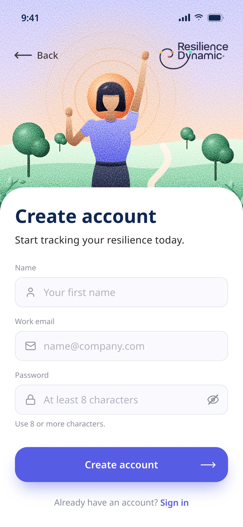 Create account: a woman raising a fist before the sun, across the whole lilac panel; name, work email and password fields, a Create account button and a Sign in link
