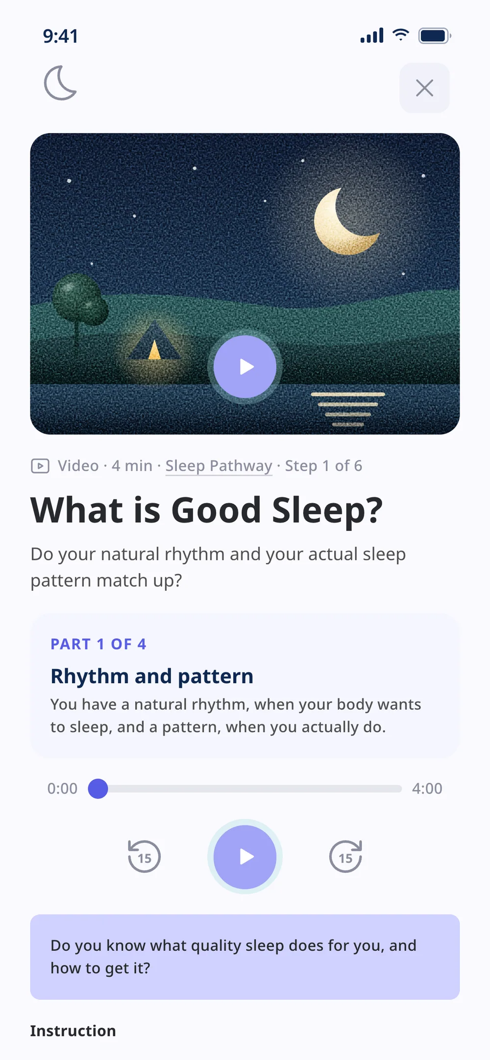 What is Good Sleep? in the light theme: the moon over the sea, a video player and the Rhythm and pattern part