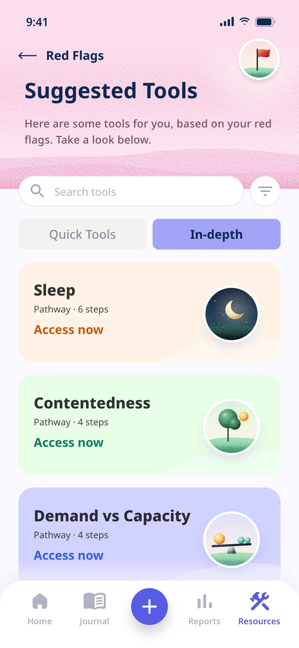Suggested Tools on the In-depth tab: the Sleep, Contentedness and Demand vs Capacity pathways, with their number of steps