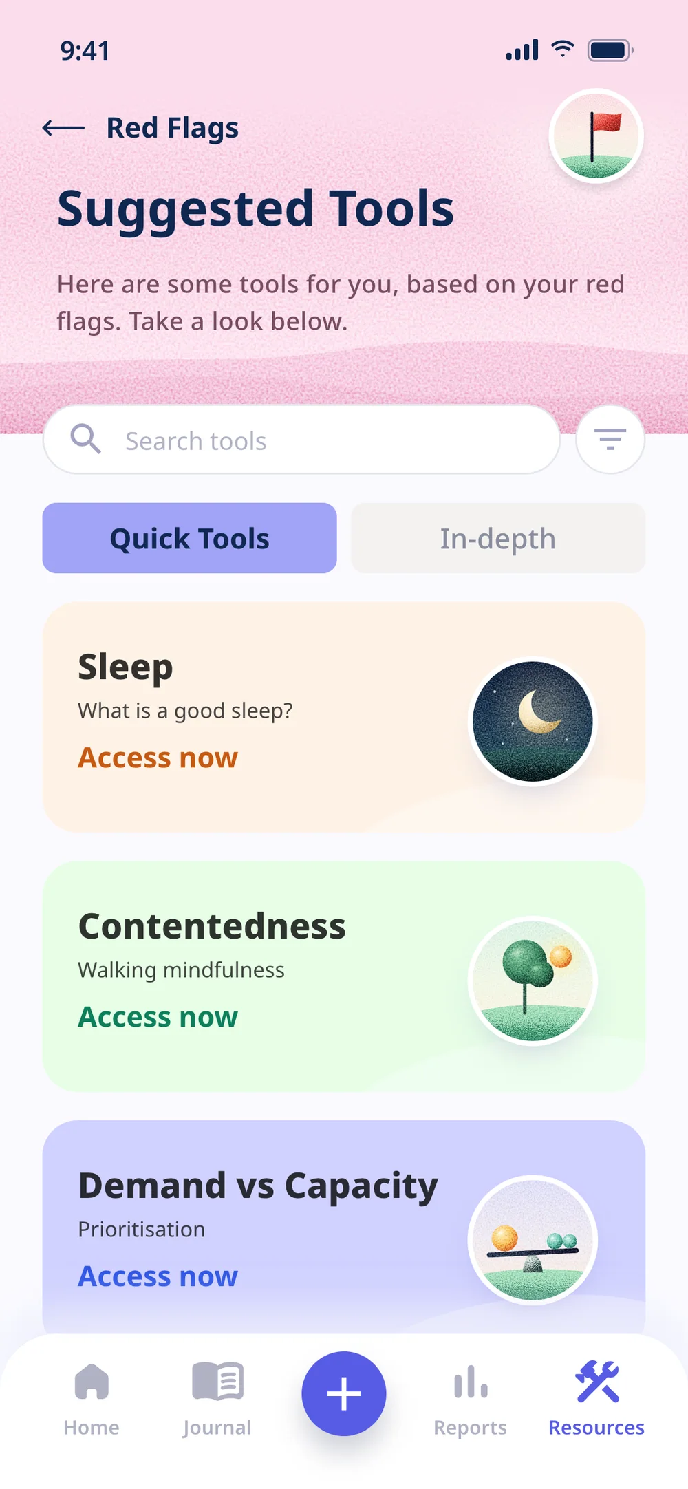 Suggested Tools: search, Quick Tools and In-depth tabs and cards for Sleep, Contentedness and Demand vs Capacity
