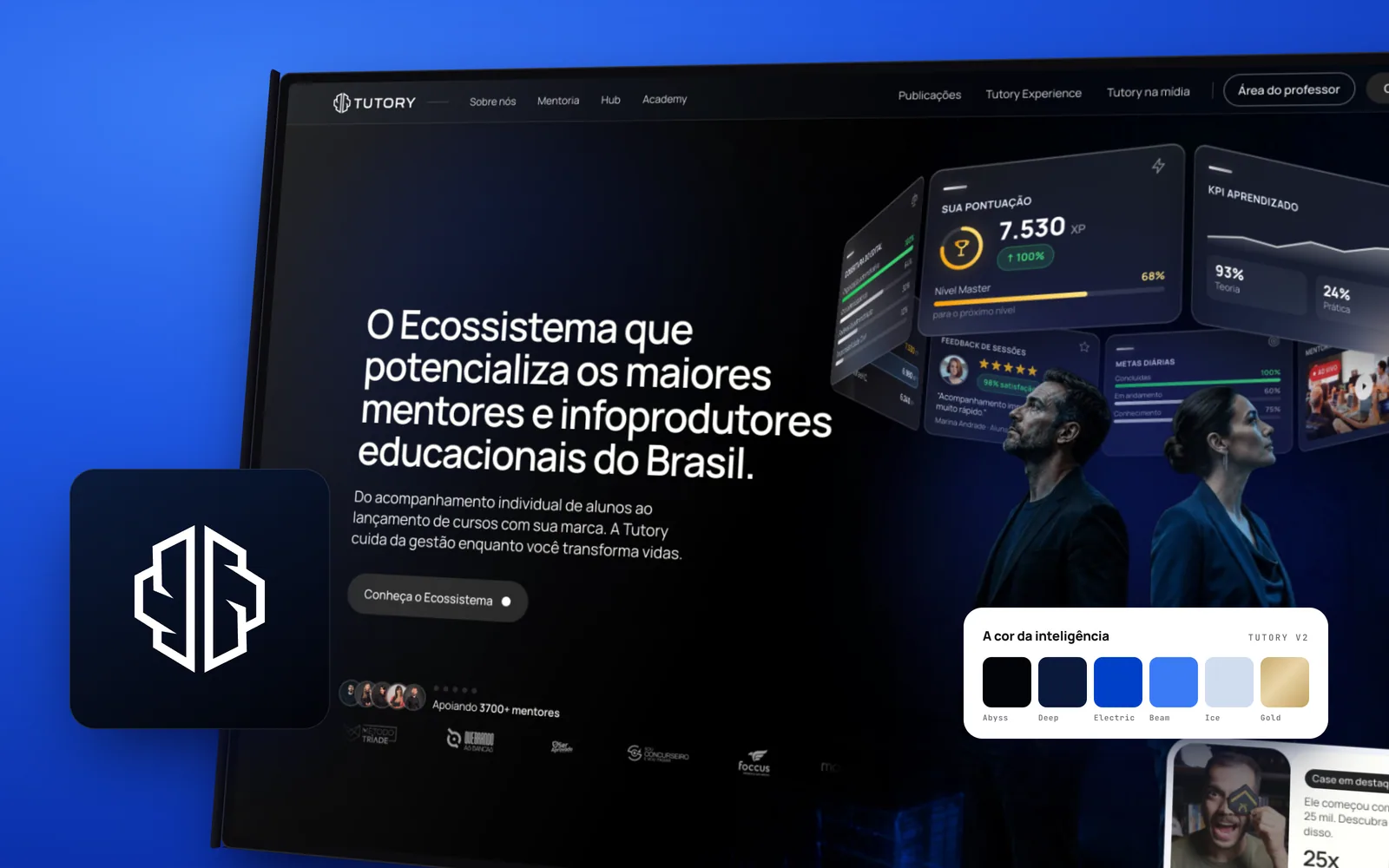 Monitor inclinado com a home nova da Tutory sobre fundo azul elétrico, ao lado do novo símbolo e da paleta