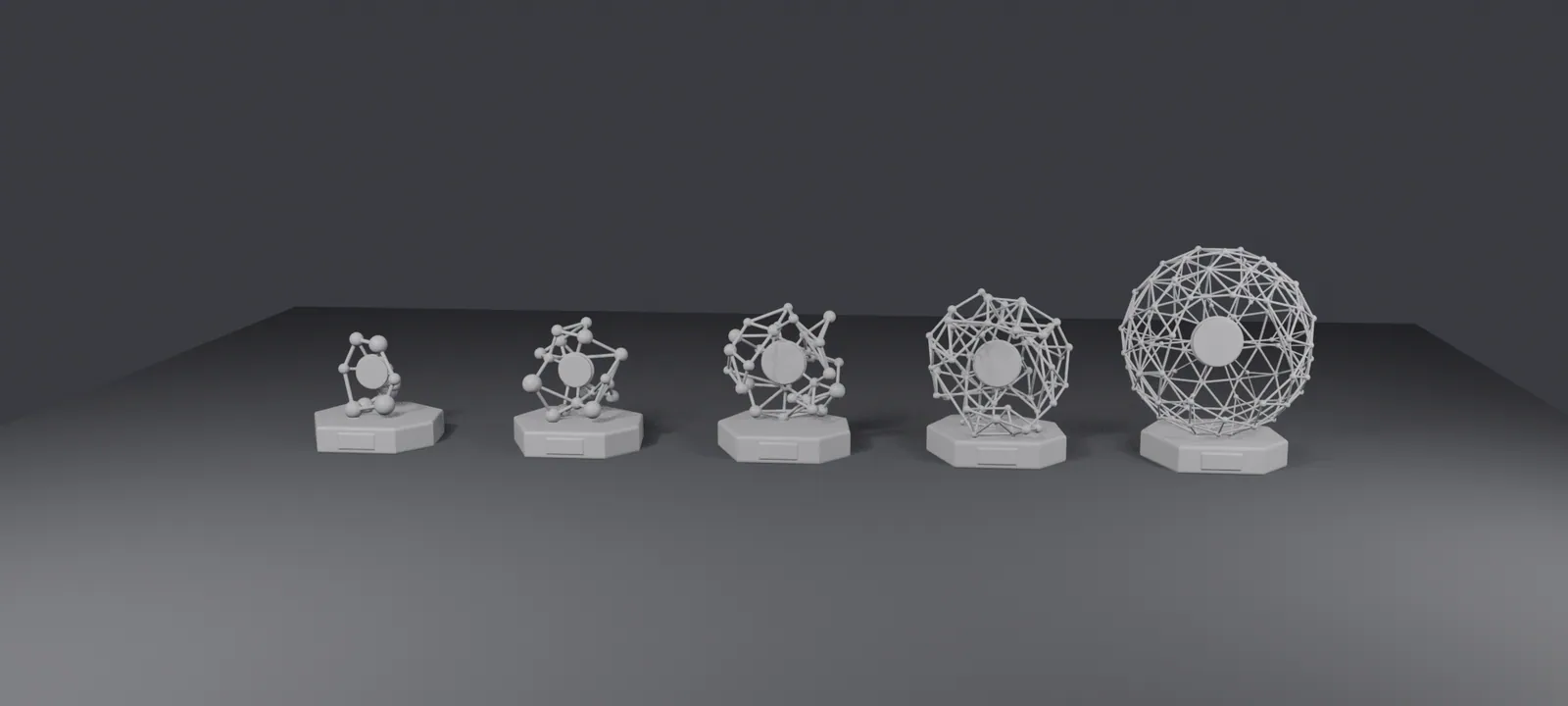 Render em argila dos cinco troféus de rede em fila, preparados para impressão 3D