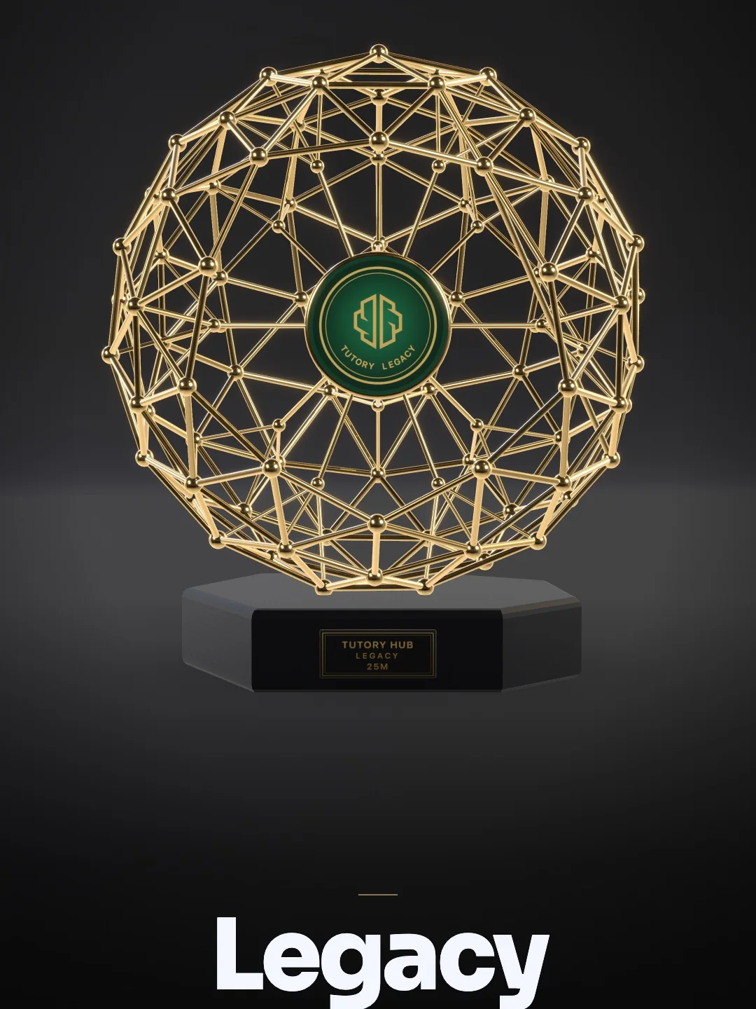 Troféu Legacy: rede geodésica dourada com dendritos internos e medalha de esmeralda