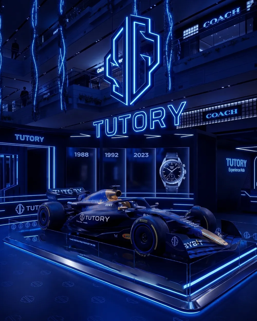 Estande com símbolo em neon azul e carro de corrida com a marca Tutory