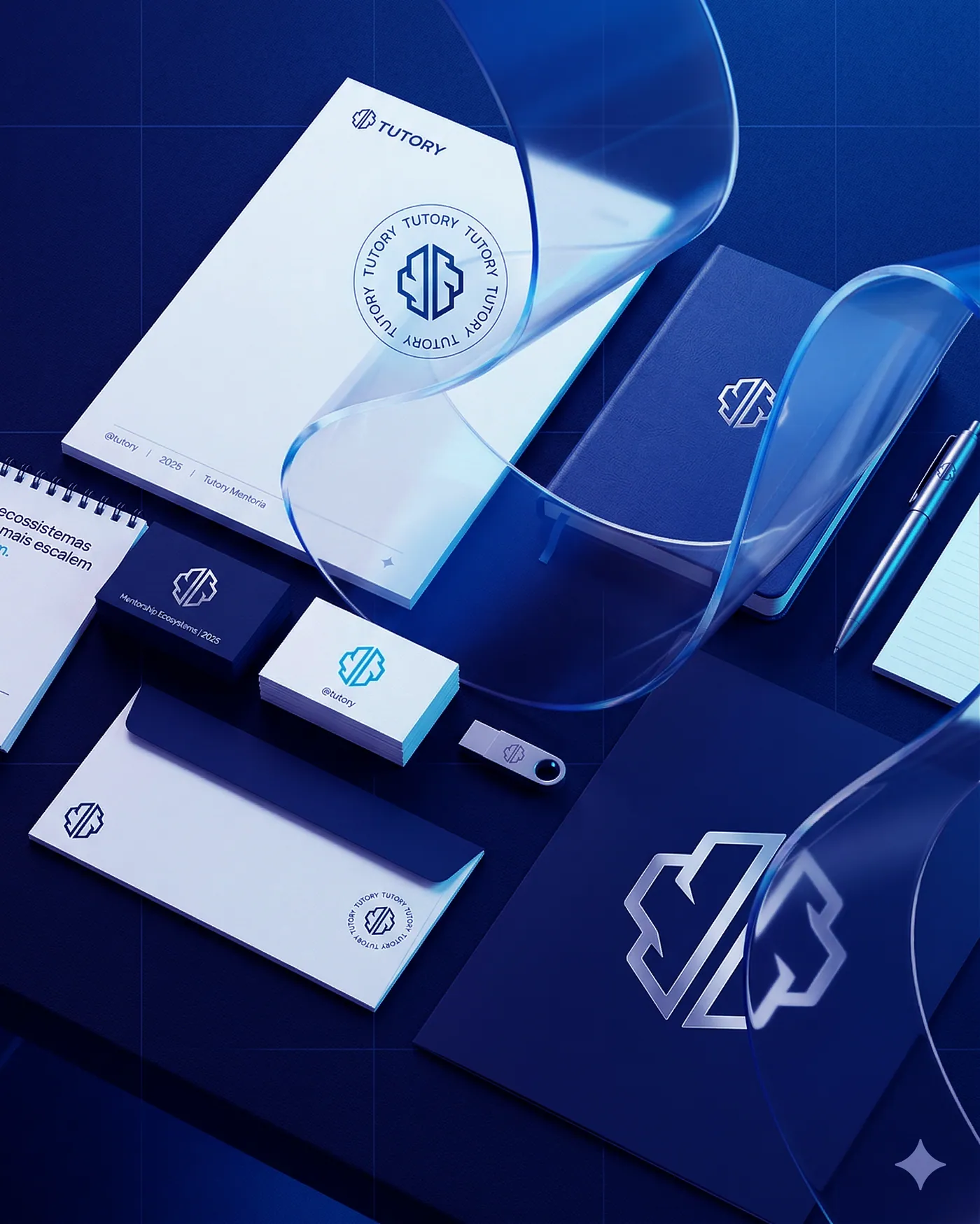 Papelaria da marca: papel timbrado com selo circular, cartões, caderno, envelope e pendrive