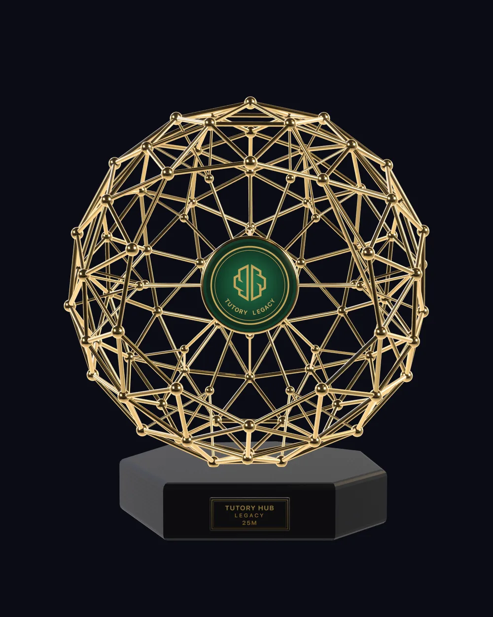 Troféu Legacy da gamificação da Hub: rede neural dourada com medalha de esmeralda sobre base preta