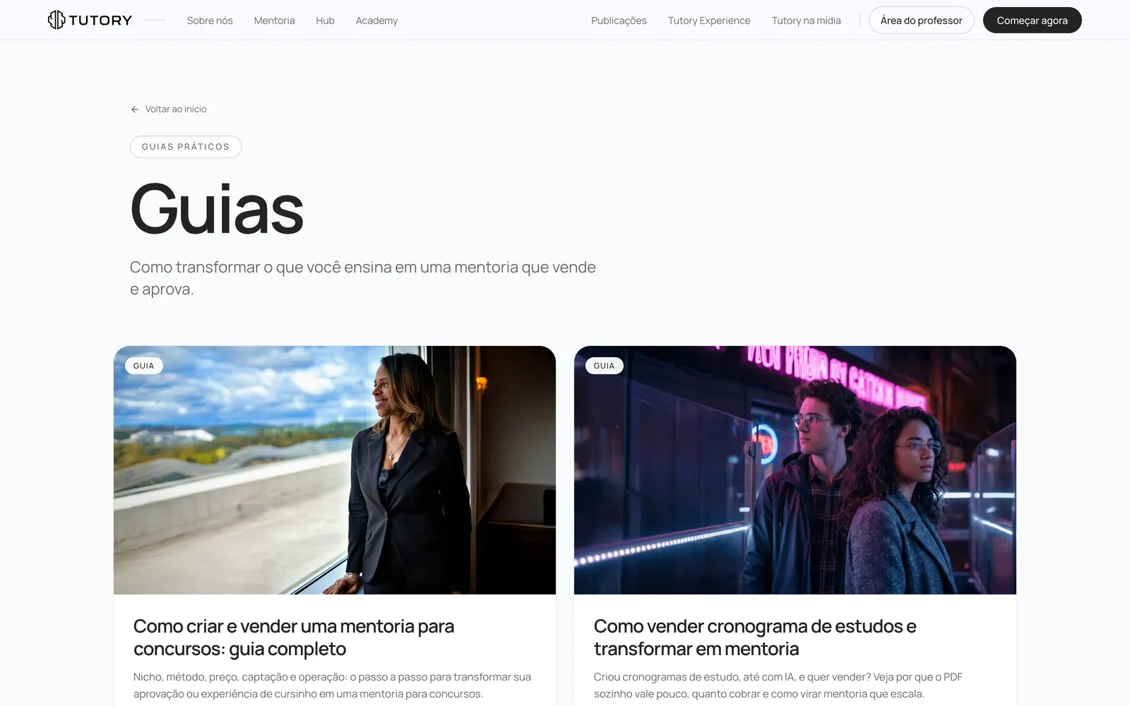 Página Guias com dois guias em destaque sobre mentoria para concursos e cronograma de estudos