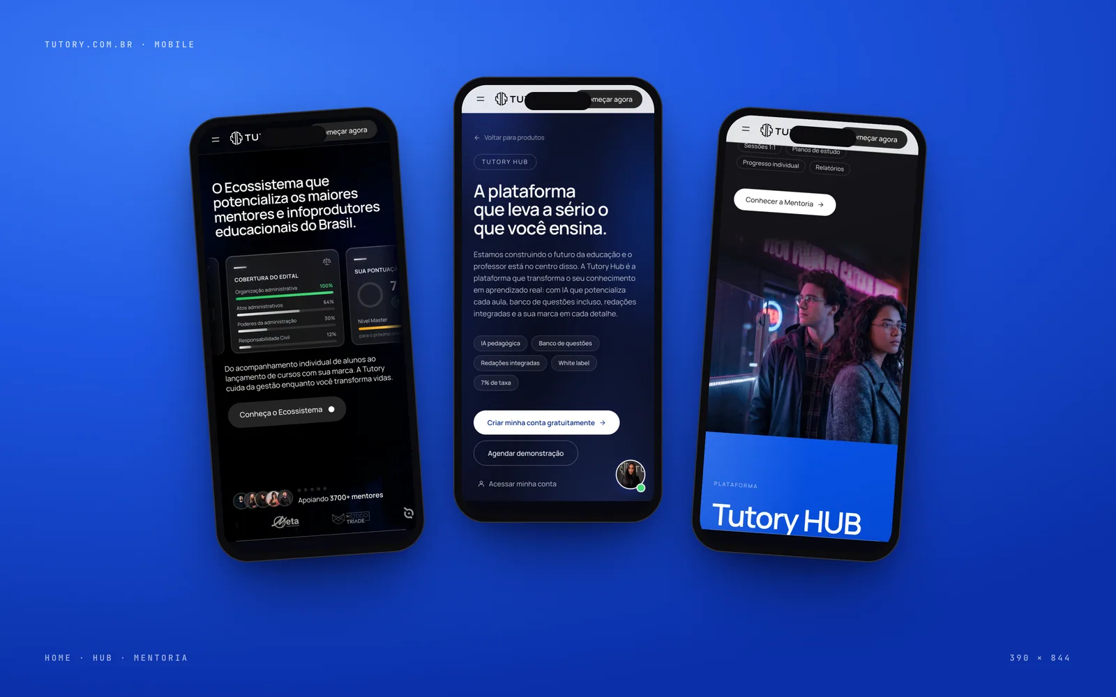 Três celulares com a home, a página da Hub e o bloco da Mentoria