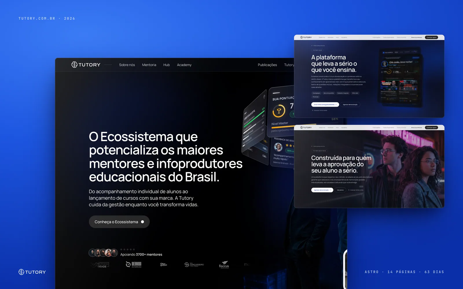 Três telas do site novo da Tutory, home, Hub e Mentoria, lado a lado sobre azul elétrico
