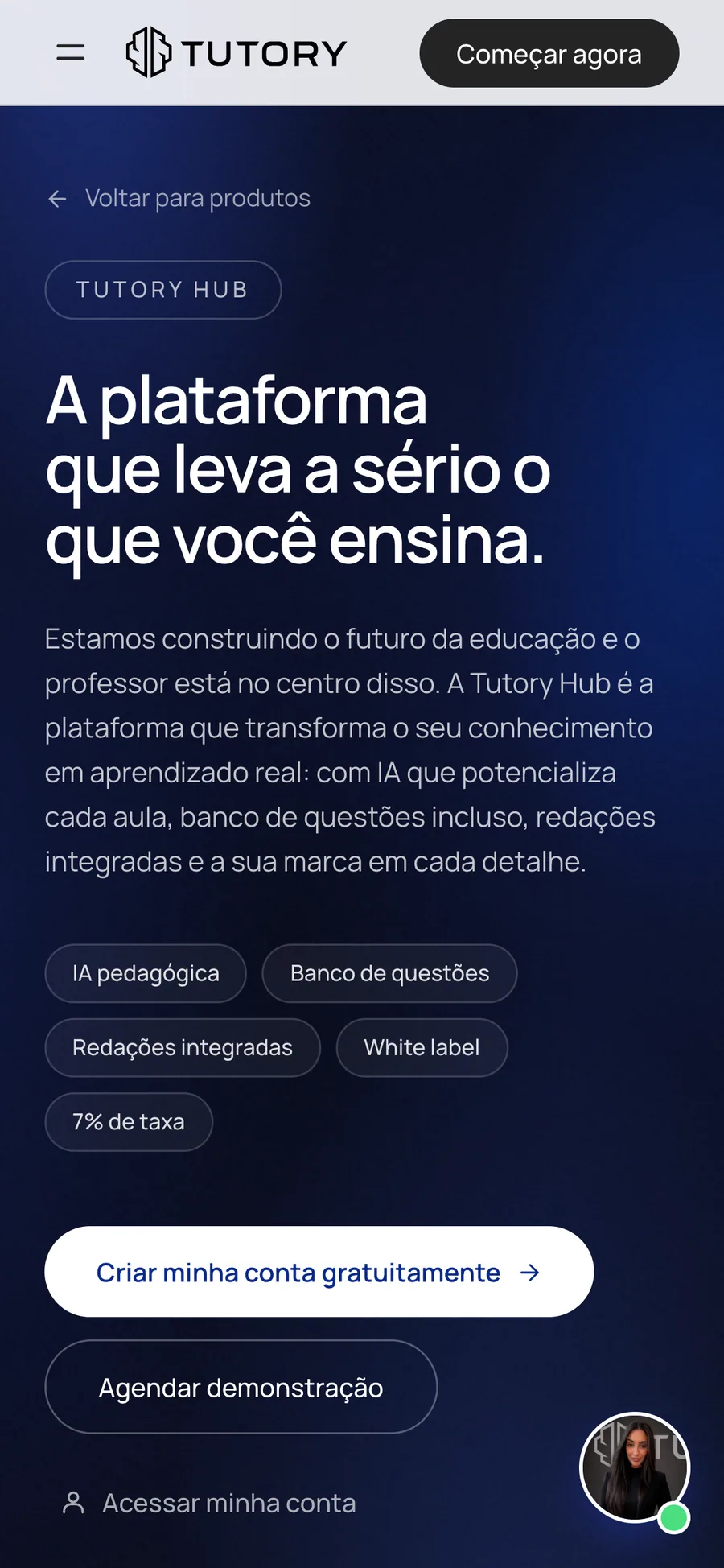 Página da Tutory Hub no celular