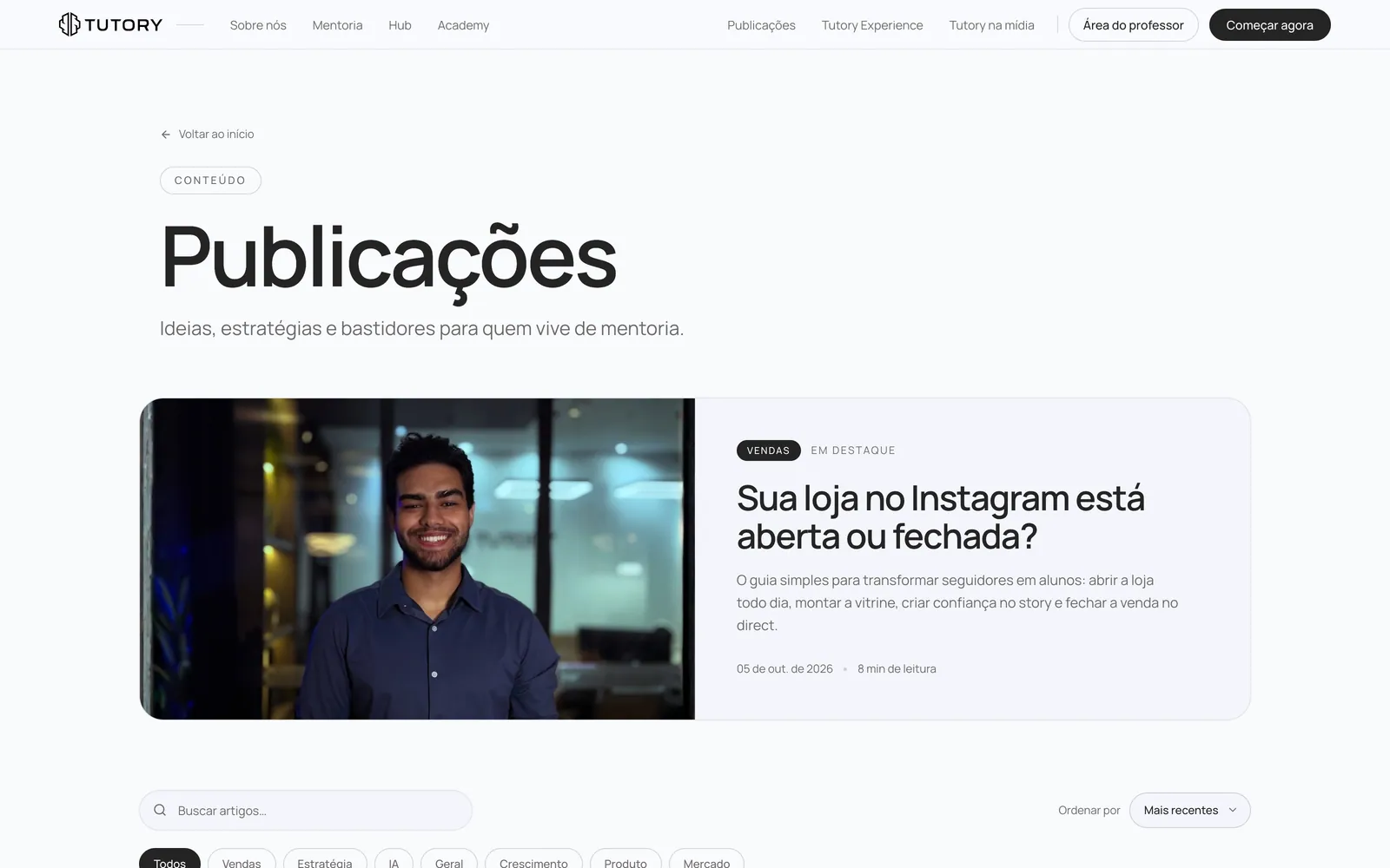 Página Publicações com o artigo em destaque Sua loja no Instagram está aberta ou fechada?