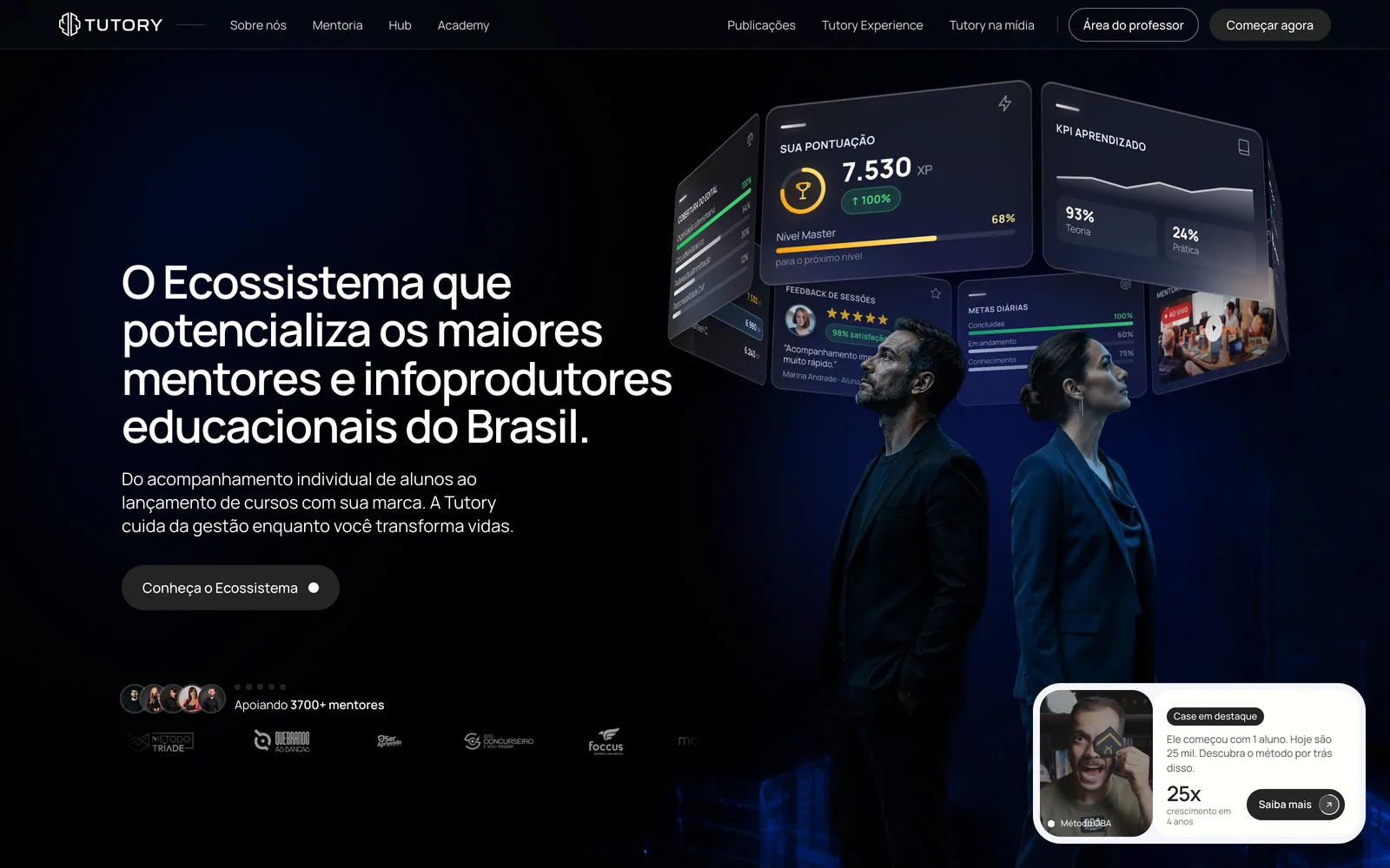 Home da Tutory: título O Ecossistema que potencializa os maiores mentores e infoprodutores educacionais do Brasil, com cartões 3D sobre a foto de um casal