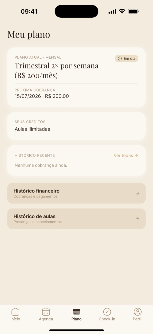 Plano e pagamentos no app VESS